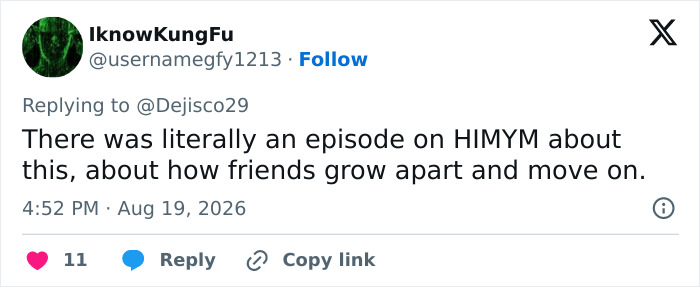 A tweet discussing an HIMYM episode about friends growing apart, relating to the HIMYM cast bond. A tweet discussing an HIMYM episode about friends growing apart, relating to the HIMYM cast bond.