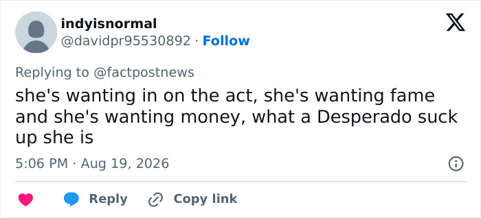 A social media comment from indyisnormal accusing Natalie Harp of wanting fame and money amid scandal. A social media comment from indyisnormal accusing Natalie Harp of wanting fame and money amid scandal.