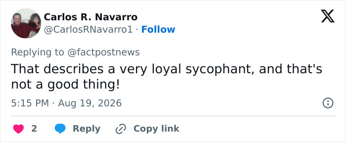 A tweet commenting on a very loyal sycophant, relating to Natalie Harp and the scandal. A tweet commenting on a very loyal sycophant, relating to Natalie Harp and the scandal.