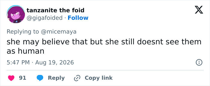 A social media user comments on JK Rowling's perspective on transgender surgery, saying she doesn't see them as human.