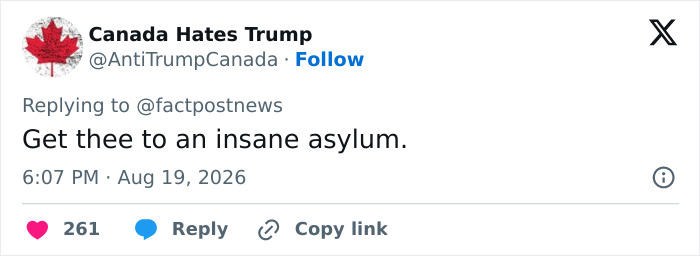 Screenshot of a tweet from @AntiTrumpCanada saying Get thee to an insane asylum. regarding the Trump Natalie Harp scandal. Screenshot of a tweet from @AntiTrumpCanada saying Get thee to an insane asylum. regarding the Trump Natalie Harp scandal.