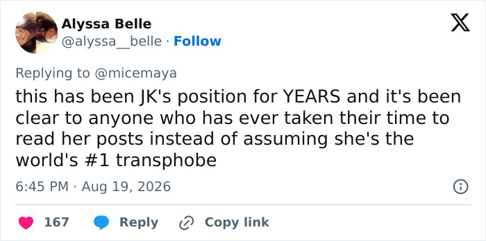 Screenshot of a tweet discussing JK Rowling's position on transgender surgery.