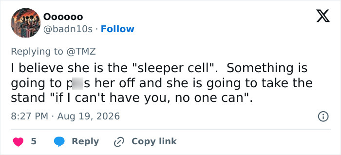 A user's tweet implying a glamorous aide might be a sleeper cell, tied to a security leak near Trump. A user's tweet implying a glamorous aide might be a sleeper cell, tied to a security leak near Trump.