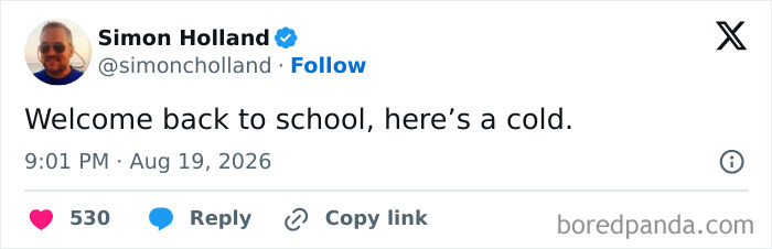 Simon Holland's tweet about kids getting a cold after returning to school, a common part of raising kids.