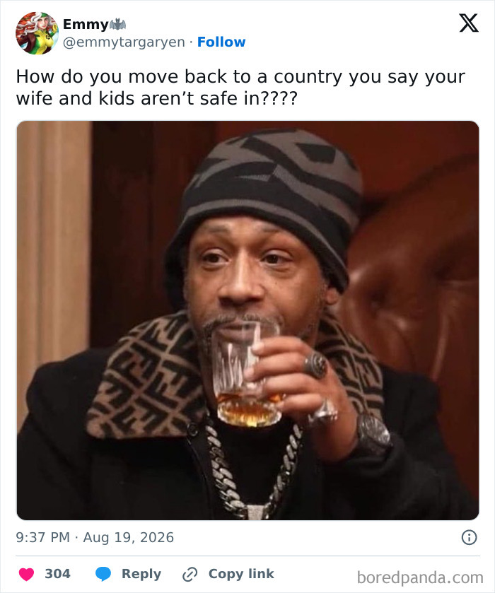 A man sips a drink, expressing confusion in a tweet about Meghan Markle and Prince Harry moving back to the UK.