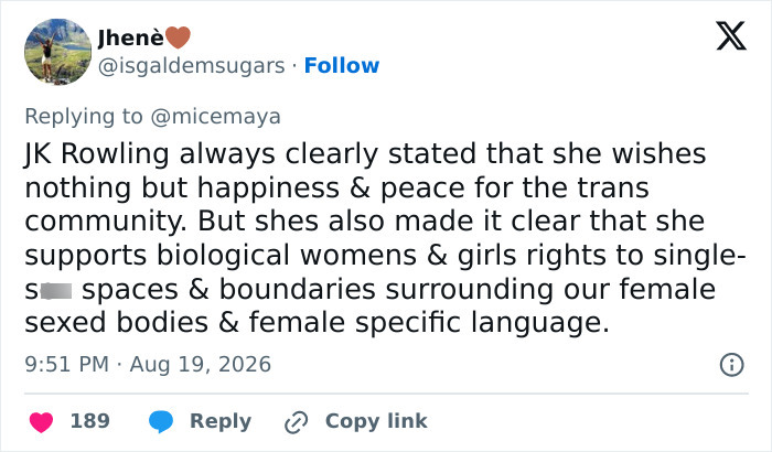 A tweet discussing JK Rowling's support for the trans community and biological women's rights regarding transgender surgery.