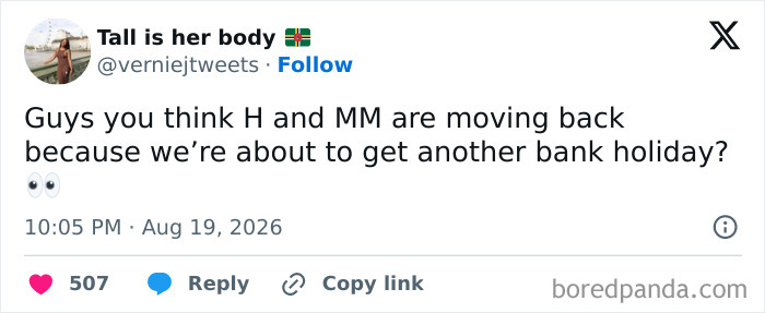 A tweet asking if H and MM are moving back to the UK for a bank holiday, referencing Meghan Markle and Prince Harry.
