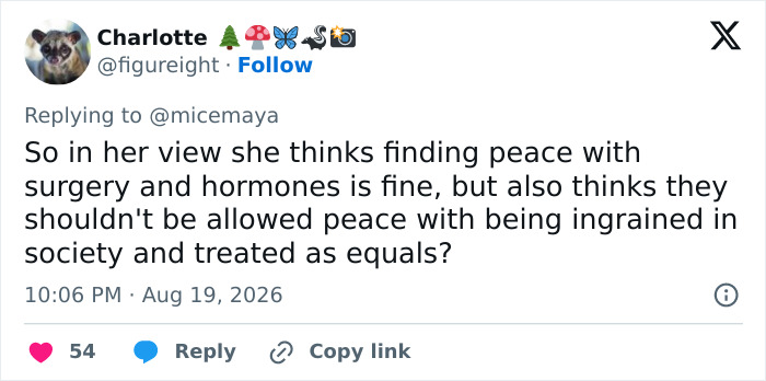Screenshot of a Twitter comment by Charlotte discussing JK Rowling's take on transgender surgery and hormones.