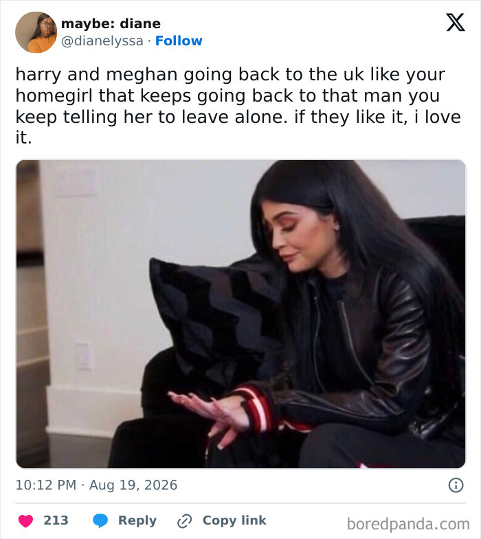 Kylie Jenner looking contemplative in a tweet comparing Meghan Markle and Prince Harry's return to the UK to a relationship.