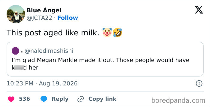 A tweet about Meghan Markle and Prince Harry moving back to the UK, stating This post aged like milk.