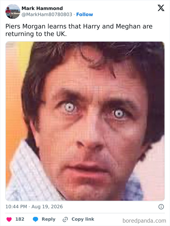 Man with wide, light-colored eyes reacting strongly to news about Meghan Markle and Prince Harry moving back to the UK.