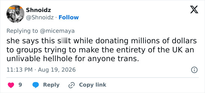 A social media user criticizes JK Rowling's stance and donations regarding transgender surgery.
