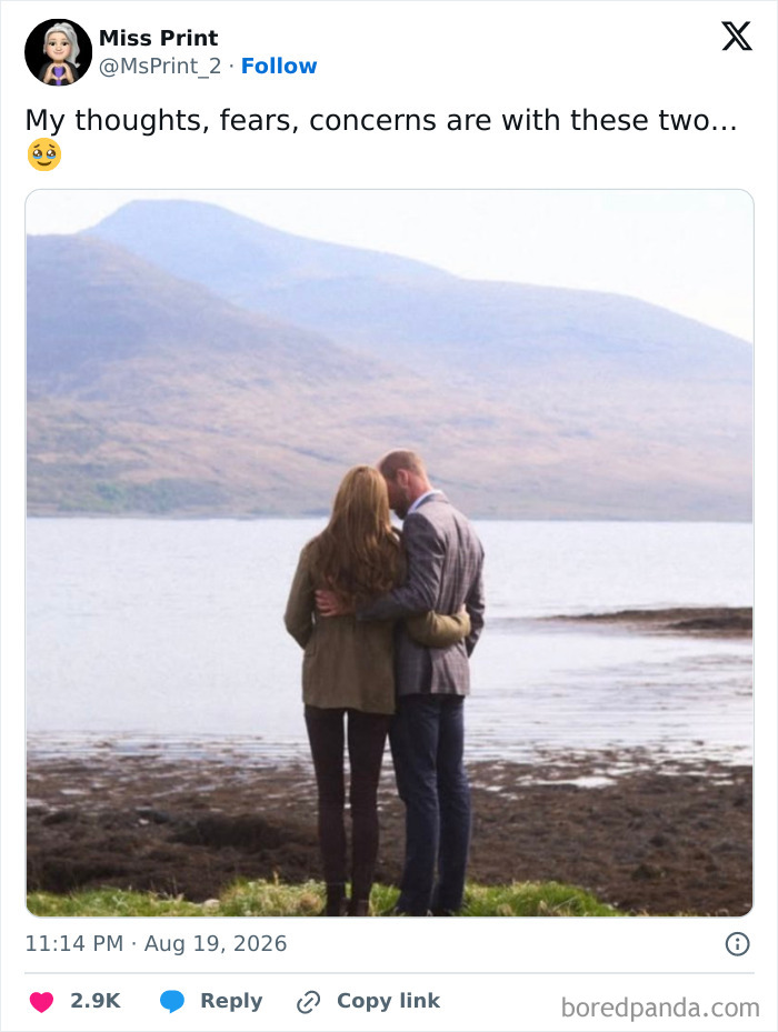 A social media post with a picture of Meghan Markle and Prince Harry by a lake, responding to bombshells about them.