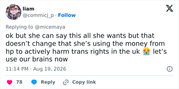 Tweet from a user named liam discussing J.K. Rowling and transgender surgery.