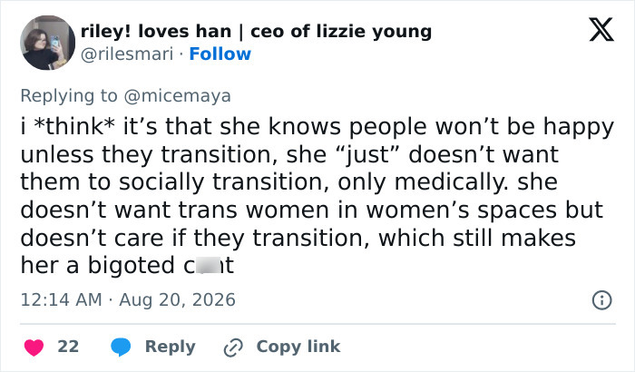 Tweet analyzing JK Rowling's views on social and medical transition for transgender people.