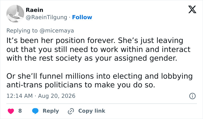 Tweet by Raein discussing JK Rowling's position on transgender surgery.