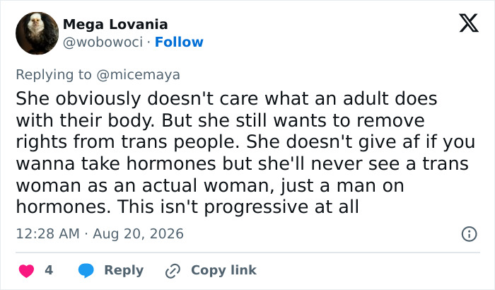 A Twitter user's perspective on JK Rowling's views on trans women and transgender surgery.