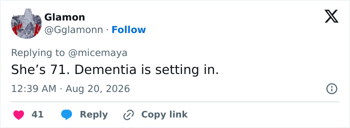 Screenshot of a Twitter comment by Glamon linking JK Rowling's age to her take on transgender surgery.