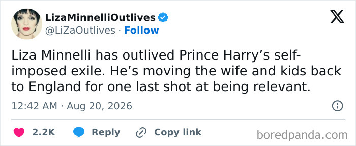 A social media post from Liza MinnelliOutlives responding to bombshells about Meghan Markle and Prince Harry.