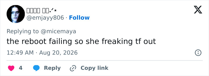 Tweet by emjayy806 about a reboot failing, related to JK Rowling transgender surgery.
