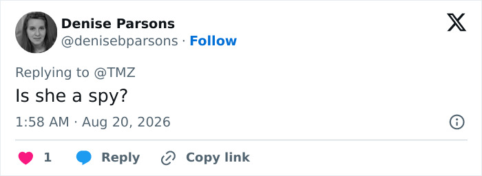Denise Parsons' tweet questioning if the glamorous aide is a spy, relating to a security leak and Trump. Denise Parsons' tweet questioning if the glamorous aide is a spy, relating to a security leak and Trump.