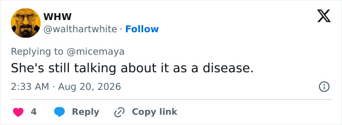 Screenshot of a Twitter comment by WHW critiquing JK Rowling's view on transgender surgery as a disease.