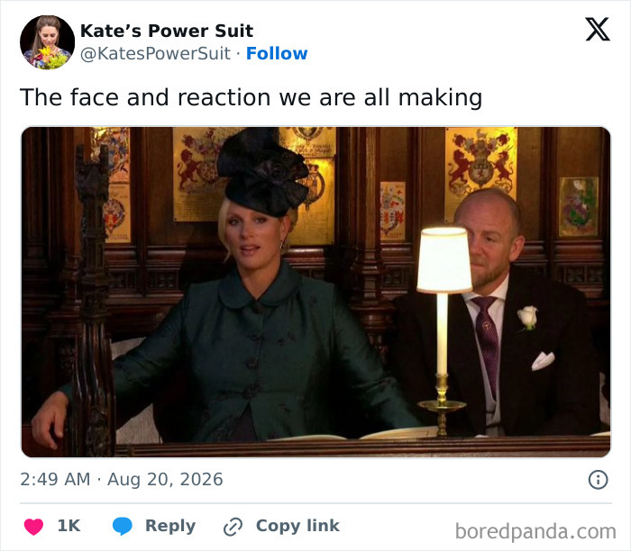 Two people at a formal event, looking surprised, captured in a tweet about Meghan Markle and Prince Harry moving back to the UK.