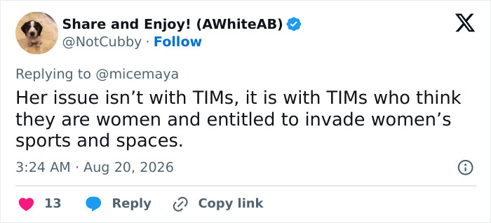 A tweet about JK Rowling's take on transgender surgery, specifying her issue is with TIMs in women's sports.