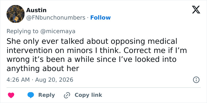 Tweet by Austin discussing JK Rowling's take on transgender surgery for minors.
