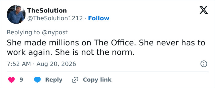 Screenshot of a tweet saying an Office star made millions and is not the norm, regarding her TV career. Screenshot of a tweet saying an Office star made millions and is not the norm, regarding her TV career.