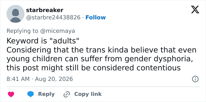 A tweet discussing how adults are a keyword in the contentious discussion of transgender surgery and gender dysphoria.