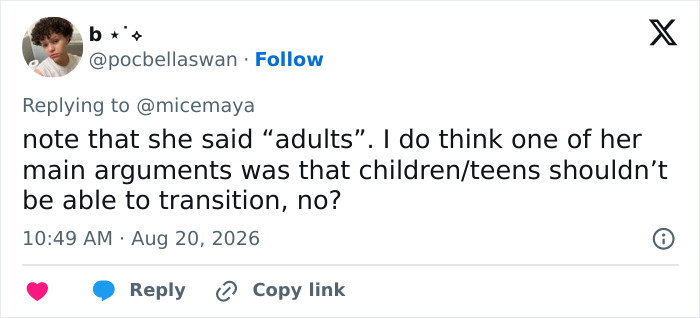 A Twitter user highlighting JK Rowling's argument regarding children and transgender surgery.