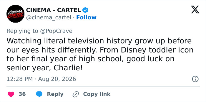Screenshot of a tweet from Cinema Cartel about the Good Luck Charlie child star, celebrating her senior year. Screenshot of a tweet from Cinema Cartel about the Good Luck Charlie child star, celebrating her senior year.