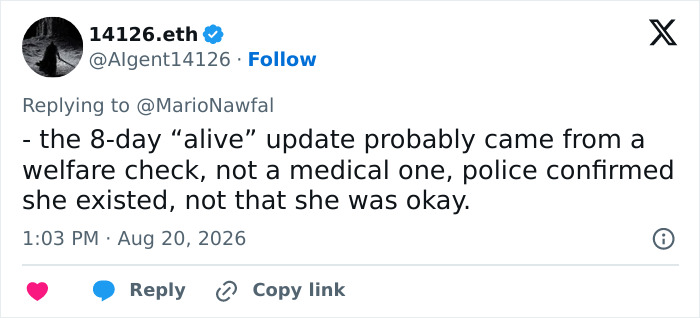 Screenshot of a tweet discussing the missing teen, highlighting the code world bungle.