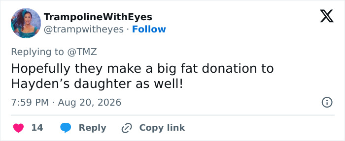 A tweet by TrampolineWithEyes suggesting Neutrogena make a donation to Hayden's daughter after the controversy. A tweet by TrampolineWithEyes suggesting Neutrogena make a donation to Hayden's daughter after the controversy.