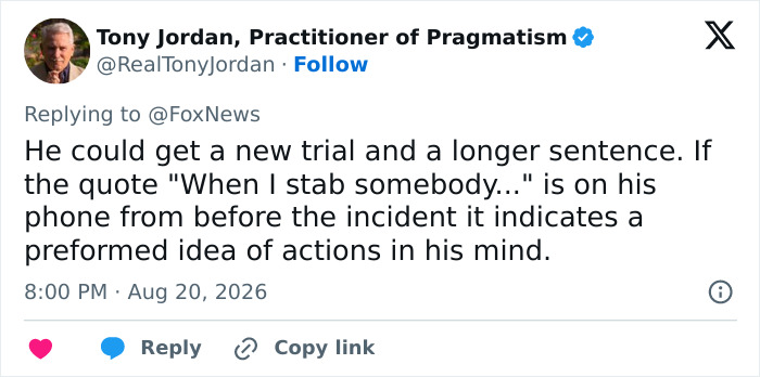 A tweet from Tony Jordan about the Karmelo Anthony case, discussing new evidence and a potential longer sentence. A tweet from Tony Jordan about the Karmelo Anthony case, discussing new evidence and a potential longer sentence.