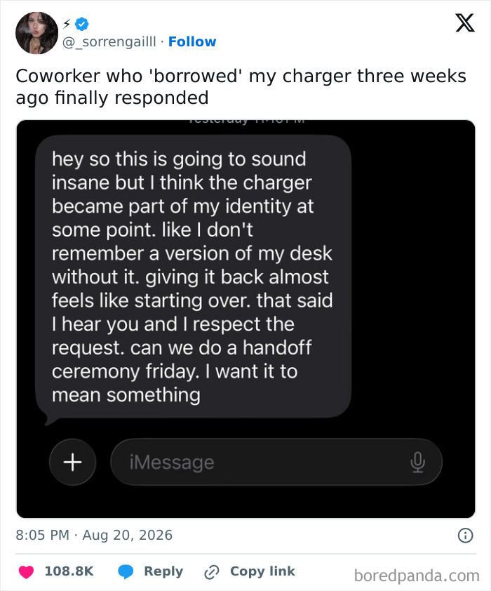 Funny tweet about a coworker who borrowed a charger, featured in a compilation of funny tweets.