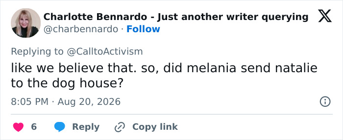 A social media user comments on Melania Trump's reappearance, asking if she sent Natalie to the dog house. A social media user comments on Melania Trump's reappearance, asking if she sent Natalie to the dog house.