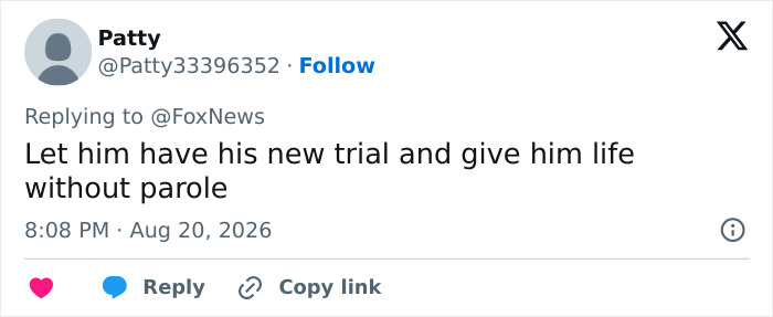 A tweet by Patty commenting on the Karmelo Anthony case, suggesting a new trial and life without parole. A tweet by Patty commenting on the Karmelo Anthony case, suggesting a new trial and life without parole.