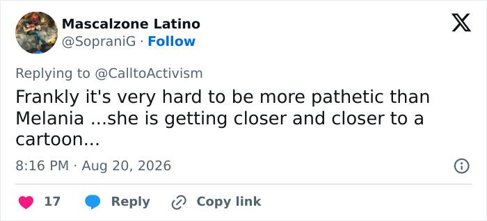 A social media post by Mascalzone Latino criticizing Melania Trump's reappearance. A social media post by Mascalzone Latino criticizing Melania Trump's reappearance.