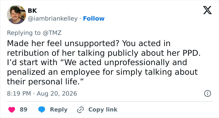 A tweet by BK suggesting Neutrogena acted unprofessionally regarding Hayden Panettiere's PPD. A tweet by BK suggesting Neutrogena acted unprofessionally regarding Hayden Panettiere's PPD.