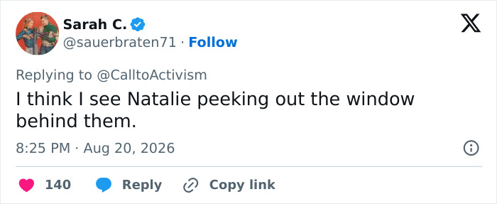 A social media post from Sarah C. referencing Natalie amid Melania Trump's reappearance and aide scandal. A social media post from Sarah C. referencing Natalie amid Melania Trump's reappearance and aide scandal.