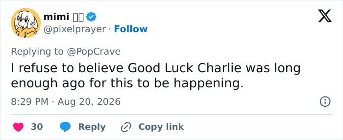Mimi tweet about the Disney child star from Good Luck Charlie, expressing disbelief at how old she is now. Mimi tweet about the Disney child star from Good Luck Charlie, expressing disbelief at how old she is now.
