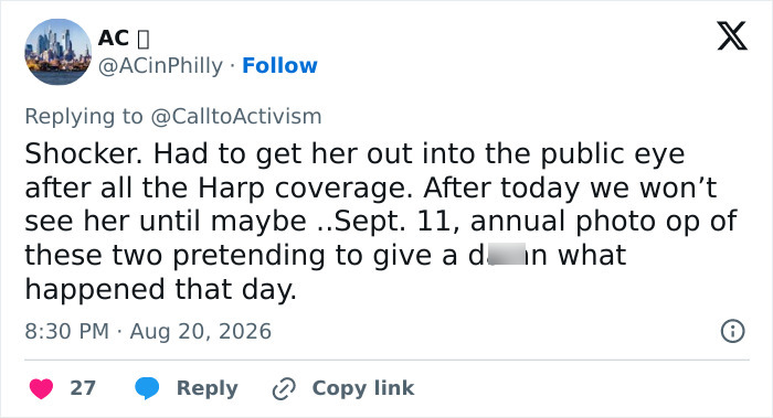 A social media post by AC discussing Melania Trump's reappearance after weeks. A social media post by AC discussing Melania Trump's reappearance after weeks.