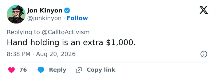 A comment about Melania Trump's gesture with Donald, jokingly pricing hand-holding at an extra $1,000. A comment about Melania Trump's gesture with Donald, jokingly pricing hand-holding at an extra $1,000.