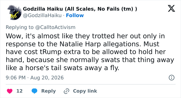 Screenshot of a tweet from Godzilla Haiku discussing Melania Trump's reappearance and gesture amid the aide scandal. Screenshot of a tweet from Godzilla Haiku discussing Melania Trump's reappearance and gesture amid the aide scandal.