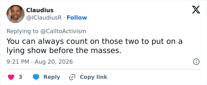 A screenshot of a tweet from Claudius, saying 'You can always count on those two to put on a lying show before the masses,' sparking frenzy about Melania Trump's gesture with Donald amid scandal. A screenshot of a tweet from Claudius, saying 'You can always count on those two to put on a lying show before the masses,' sparking frenzy about Melania Trump's gesture with Donald amid scandal.
