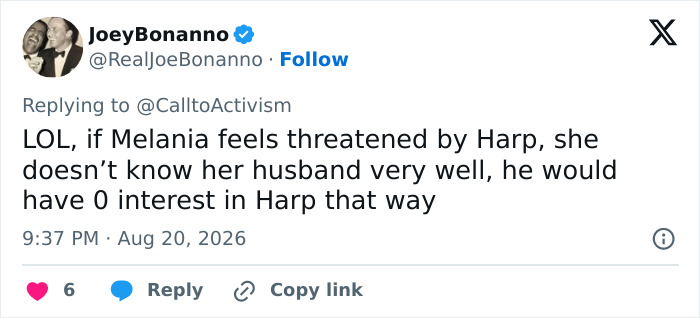 A comment about Melania Trump's gesture with Donald, suggesting she doesn't know her husband well if she feels threatened by Harp. A comment about Melania Trump's gesture with Donald, suggesting she doesn't know her husband well if she feels threatened by Harp.
