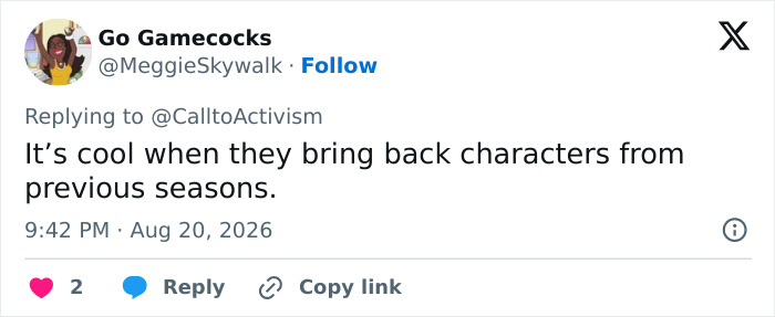A social media comment about Melania Trump's reappearance after weeks, like a returning character. A social media comment about Melania Trump's reappearance after weeks, like a returning character.