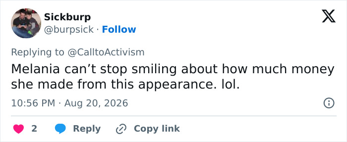 A social media comment on Melania Trump's reappearance and her gesture with Donald. A social media comment on Melania Trump's reappearance and her gesture with Donald.